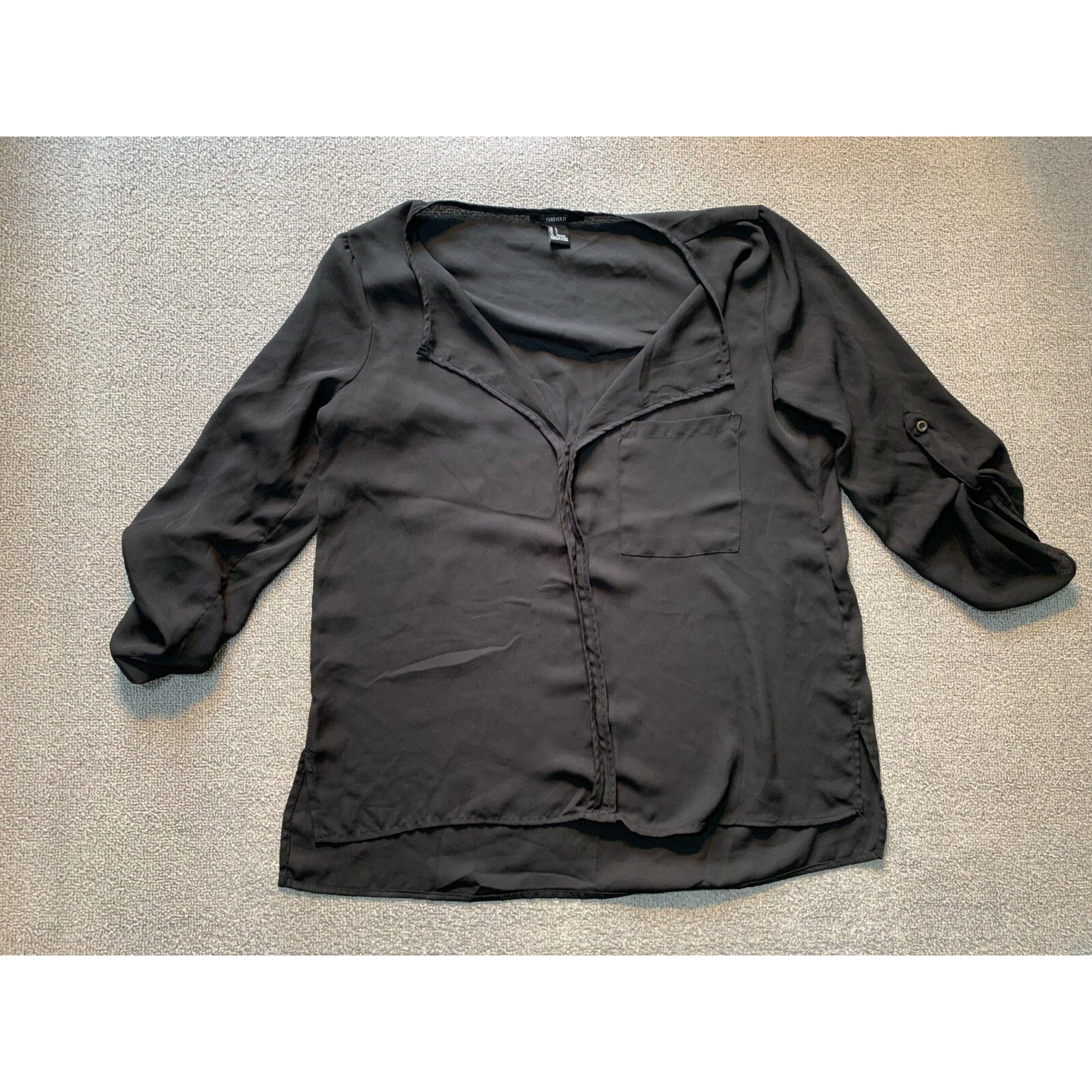 Forever 21 Small S 3/4 Sleeve Black Shirt Pocket Light Weight Womens Top